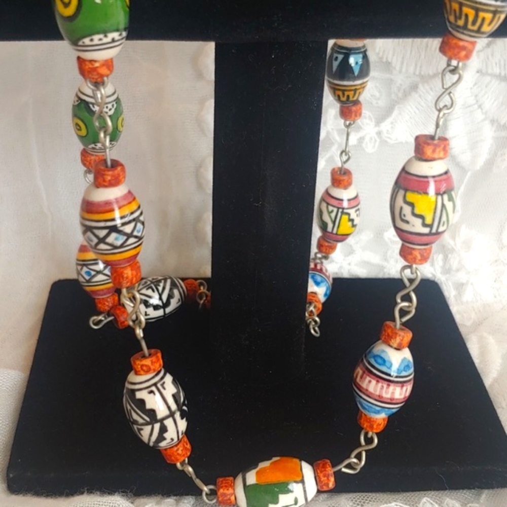 Colombian Hand Painted Clay Bead Necklace - Picture 4 of 13